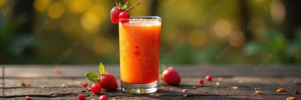 Glass of vibrant buckthorn smoothie sits on weathered wood, drink, glassware Glass of vibrant buckthorn smoothie sits on weathered wood, drink, glassware