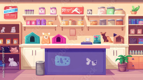 Pet shop interior, domestic animal store with counter desk, accessories, food, cat and dog houses, toys, tin cans on shelves. Inner view of petshop supermarket with nobody. Cartoon vector illustration photo