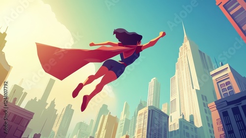 Superhero Soars Above City: A dynamic illustration of a female superhero soaring high above a sprawling cityscape, embodying power, freedom, and the spirit of urban adventure.