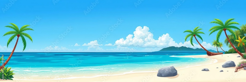 Obraz premium Cartoon illustration of a stunning tropical coast with azure sea and lush plants, beach, ocean, beautiful