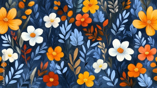 Wallpaper Mural Navy Blue Floral Seamless Pattern Botanical Illustration Watercolor Style Design Textile Fabric Print Torontodigital.ca