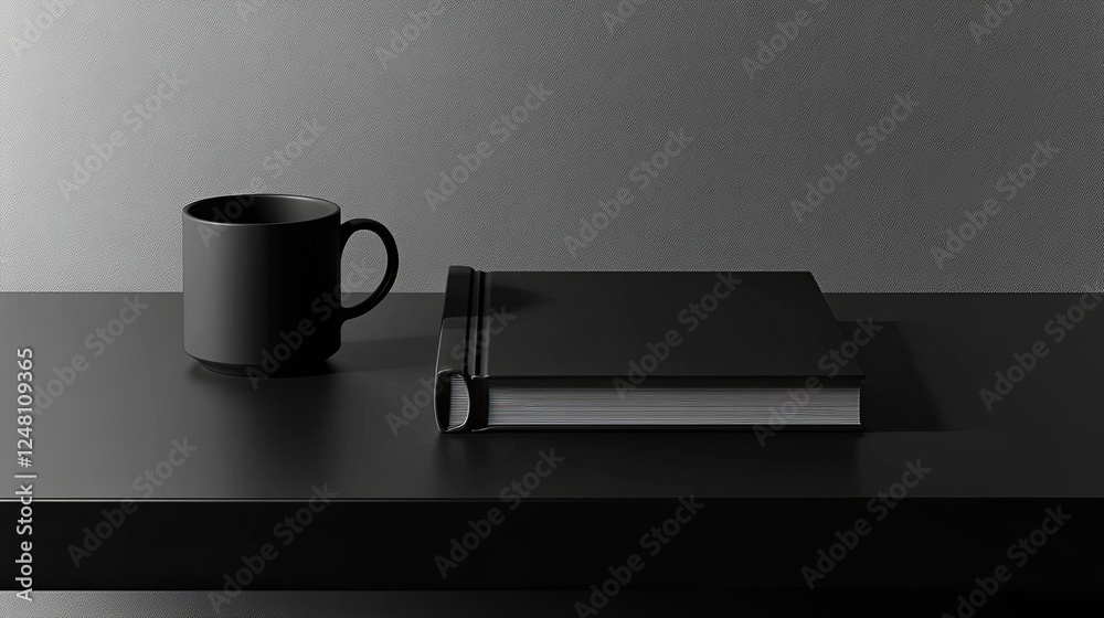 Minimalist book mockup on a sleek black table with a single ceramic mug beside it Minimalist book mockup on a sleek black table with a single ceramic mug beside it