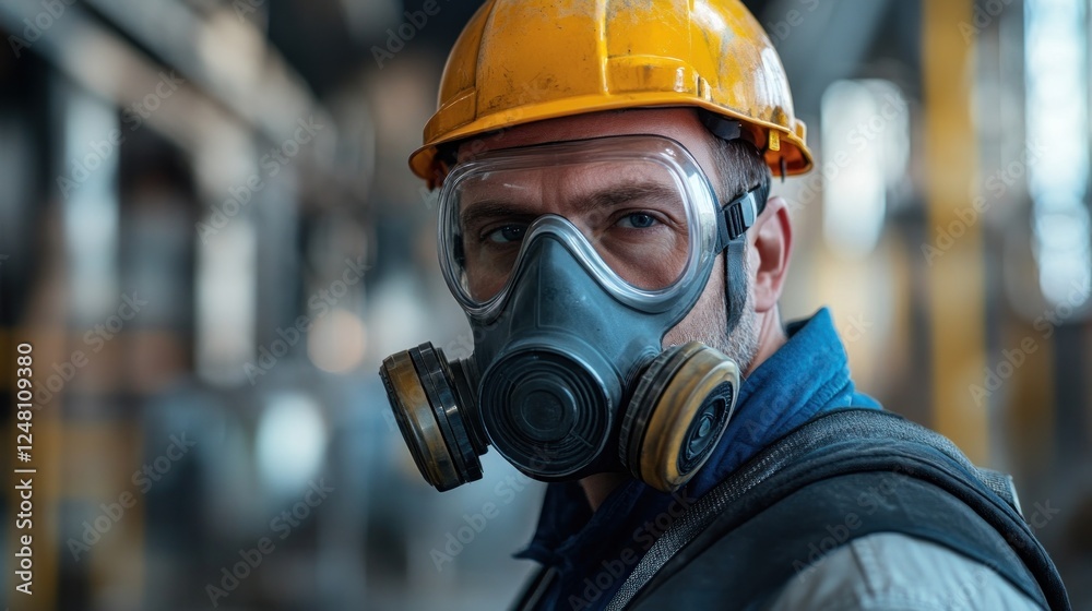 Worker in safety gear with a mask and helmet in an industrial setting. Worker in safety gear with a mask and helmet in an industrial setting.