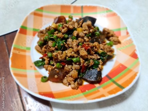 stir fried basil leaves with mince pork and Century Egg, black preserved egg in orange plate on the table photo