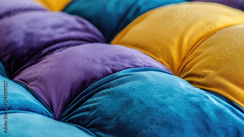 A close-up of plush, quilted cushions in alternating blue, yellow, and purple shades, forming a soft, smooth padded surface with a slightly wrinkled texture, creating visual harmony. photo