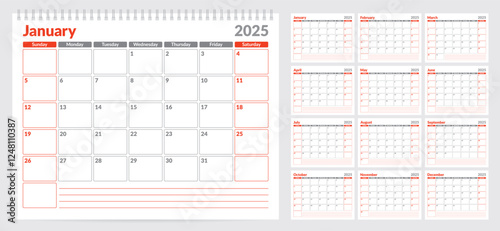 Calendar 2025 planner template. Week start on Sunday. Set of 12 months. Vector illustration