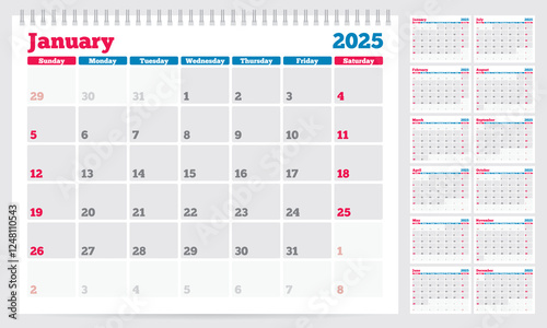 Calendar 2025 planner template. Week start on Sunday. Set of 12 months. Vector illustration