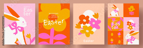 Happy Easter Set of greeting cards, posters, holiday covers. Trendy design with typography, spring hand drawn flowers, eggs and bunny in pastel pink, yellow, peach colors. Modern art minimalist style.