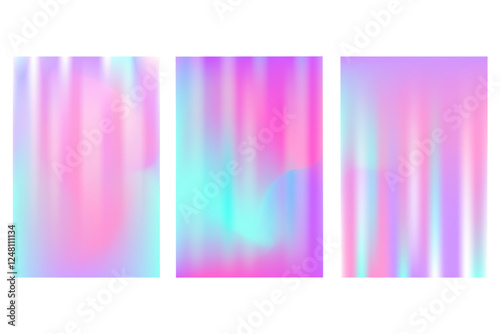 Abstract iridescent, holographic poster set with smooth blurred gradient texture, glowing liquid wavy forms. Fantasy futuristic fluid background with copy space. Cosmetic technology