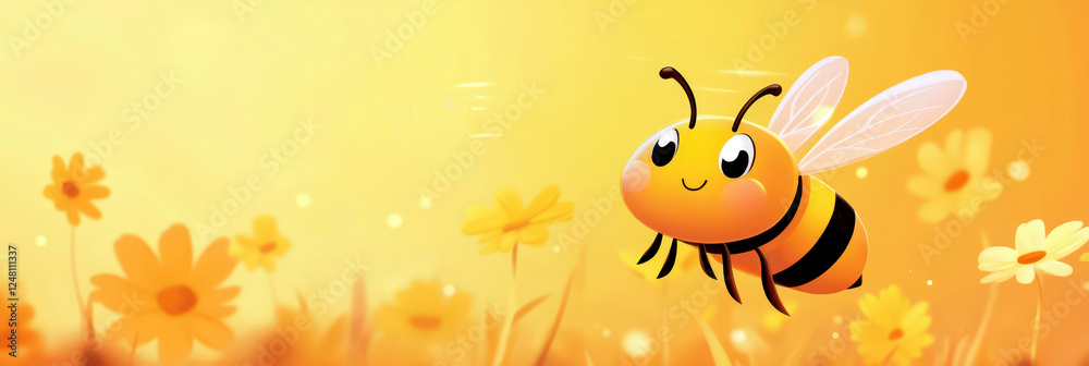 Cheerful cartoon bee with flowers in sunny field for world bee day celebration. Horizontal banner. Copy space. Flat illustartion Cheerful cartoon bee with flowers in sunny field for world bee day celebration. Horizontal banner. Copy space. Flat illustartion