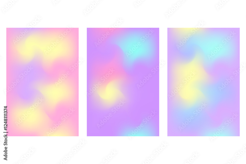 Naklejka premium Abstract iridescent, holographic poster set with smooth blurred gradient texture, glowing liquid wavy forms. Fantasy futuristic fluid background with copy space. Cosmetic technology