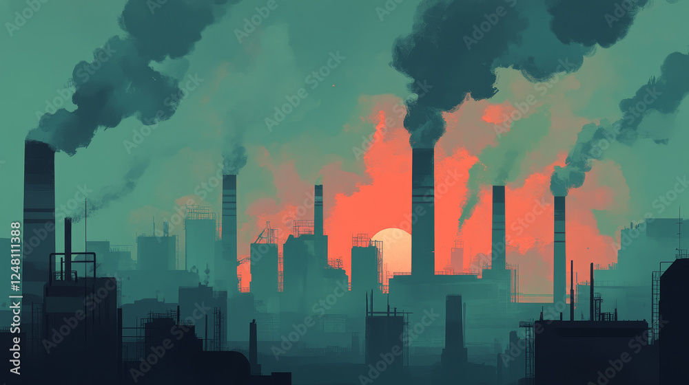 Obraz premium Industrial factory banner. Power station, manufacturing facility or production plant. Vector landing page with isometric manufactory exterior with chimney pipes and smoke clouds