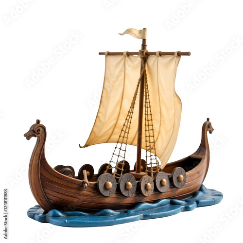 A Captivating Model Viking Ship Sailing on Calm Waters with a Detailed Sail Design photo