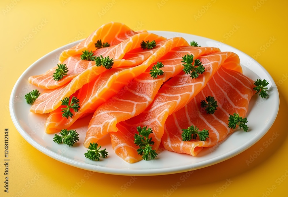 Sliced Smoked Salmon Web Banner: Isolated on Yellow Background with Copy Space, Perfect for Food Blogs, Seafood Restaurants, and Gourmet Product Advertising. Promote Your Delicious Smoked Salmon Today Sliced Smoked Salmon Web Banner: Isolated on Yellow Background with Copy Space, Perfect for Food Blogs, Seafood Restaurants, and Gourmet Product Advertising. Promote Your Delicious Smoked Salmon Today