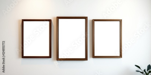 Empty wooden picture frames on a wall for interior design mockups