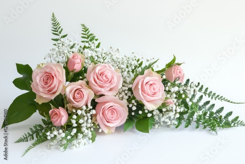 A corner floral arrangement of pink roses and babyâ€™s breath with intricate green leaves and a minimalist white background. photo