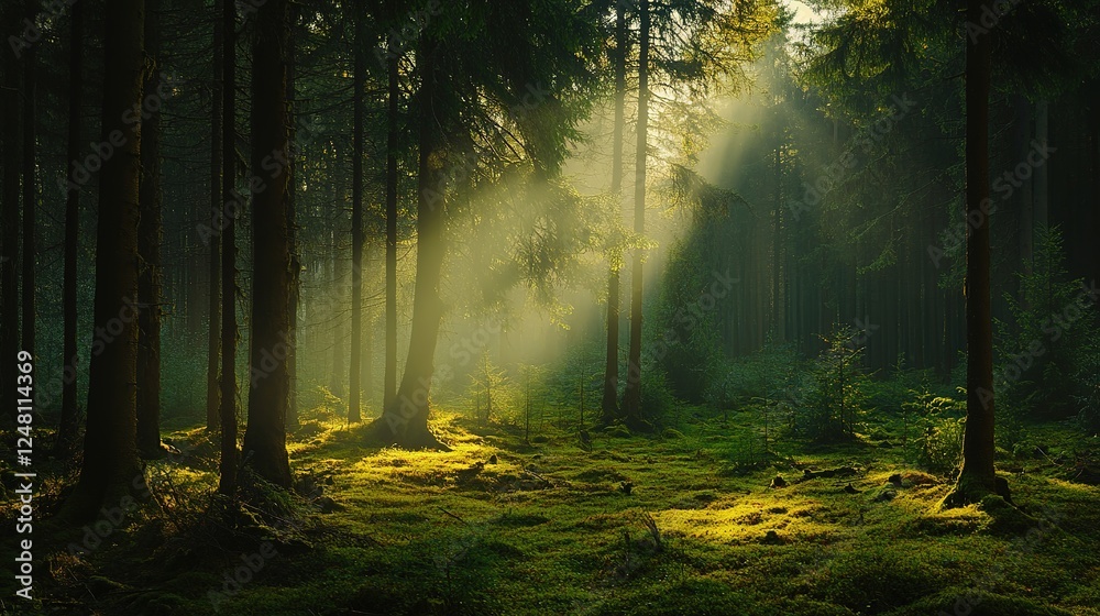 Naklejka premium Sunlight Streaming Through the Lush Green Canopy of Trees in a Forest: Nature’s Radiant Beauty