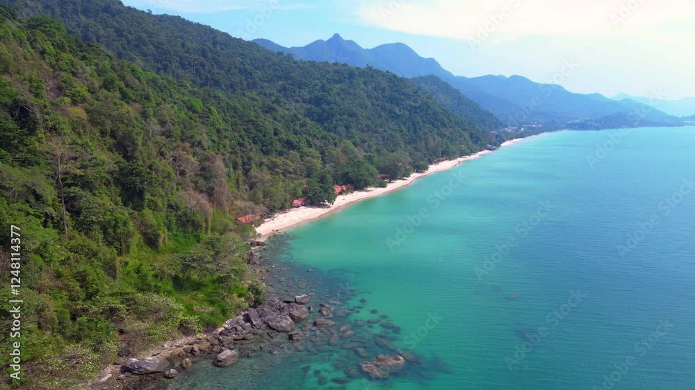tropical beach, rainforest, turquoise water. Wonderful aerial view flight drone tropical beach, rainforest, turquoise water. Wonderful aerial view flight drone