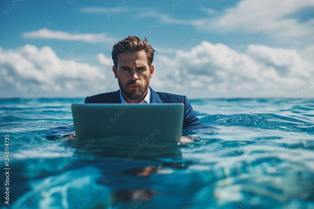 A businessman in a suit working on a laptop while floating in the ocean, symbolizing remote work and digital nomad life.
