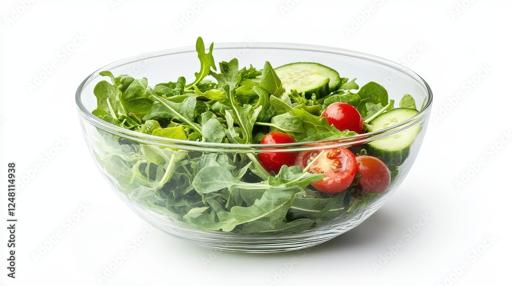 Fresh mixed green salad with arugula, cherry tomatoes, and cucumber in glass bowl Fresh mixed green salad with arugula, cherry tomatoes, and cucumber in glass bowl
