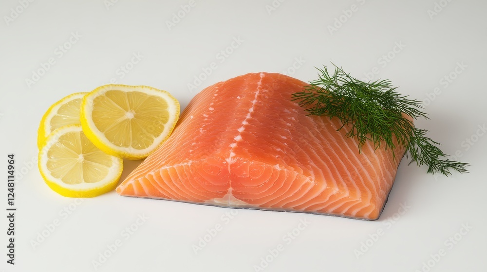 Fresh salmon fillet with lemon and dill on white background - healthy seafood concept Fresh salmon fillet with lemon and dill on white background - healthy seafood concept