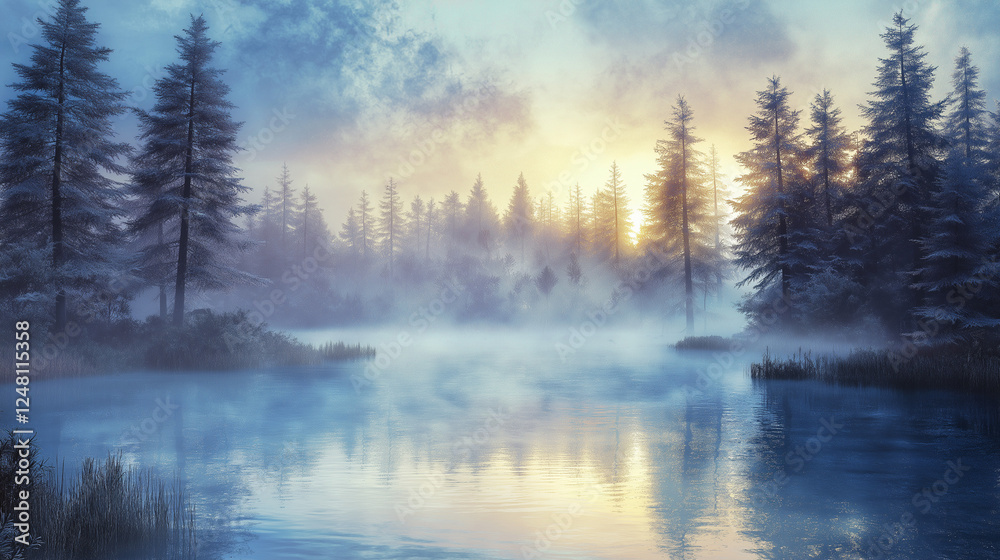 Fototapeta premium Lake Covered with Fog and Tall Pine Trees, mystical and Dramatic Reflection on Winter Season