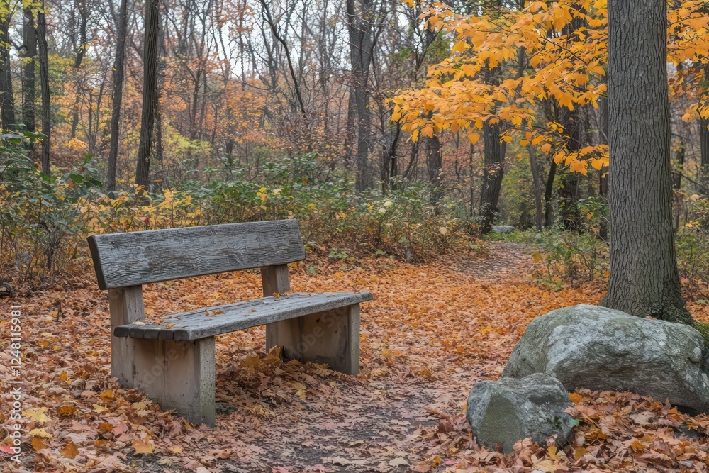 A cozy park bench surrounded by orange fall leaves, perfect for seasonal themes or nature photography. A cozy park bench surrounded by orange fall leaves, perfect for seasonal themes or nature photography.