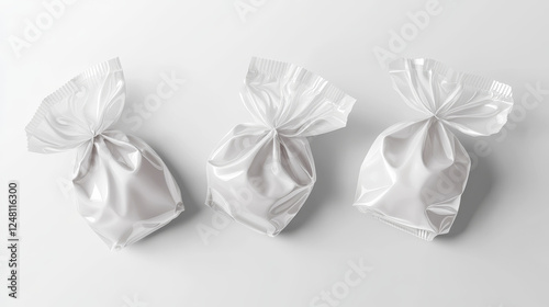 Blank wrappers of candies and chocolates, 3d white plastic packs. Vector realistic mockup of sweets wraps, empty template of packages for bonbon, snacks and hard sugar candies