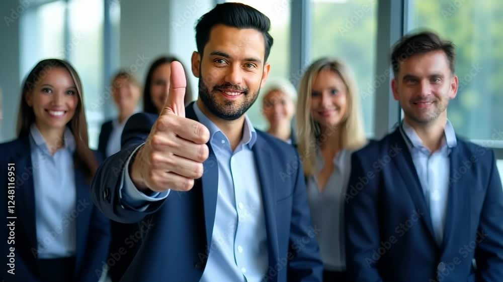 Confident Team Leader Giving Thumbs Up: A charismatic male business leader stands confidently in front of his diverse team, giving a thumbs-up gesture, expressing success, unity. Confident Team Leader Giving Thumbs Up: A charismatic male business leader stands confidently in front of his diverse team, giving a thumbs-up gesture, expressing success, unity.