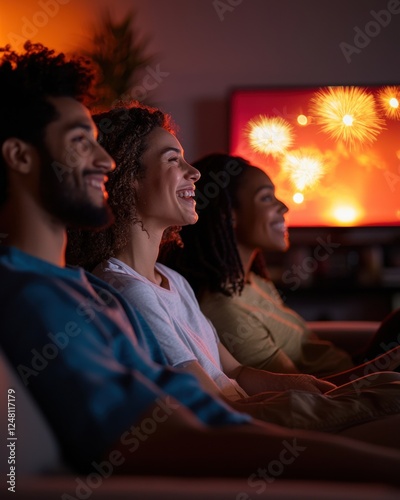 Three Friends Enjoying Movie Night with Colorful Fireworks in Background, Cozy Indoor Setting