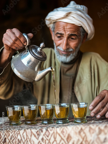 Mauritanian Tea Master Skillfully Pouring Traditional Tea Into Delicate Glasses