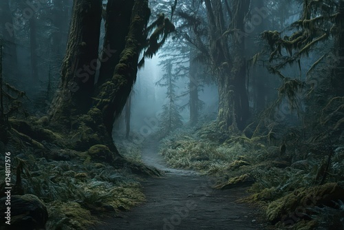 A misty forest trail flanked by moss-covered trees and soft undergrowth.