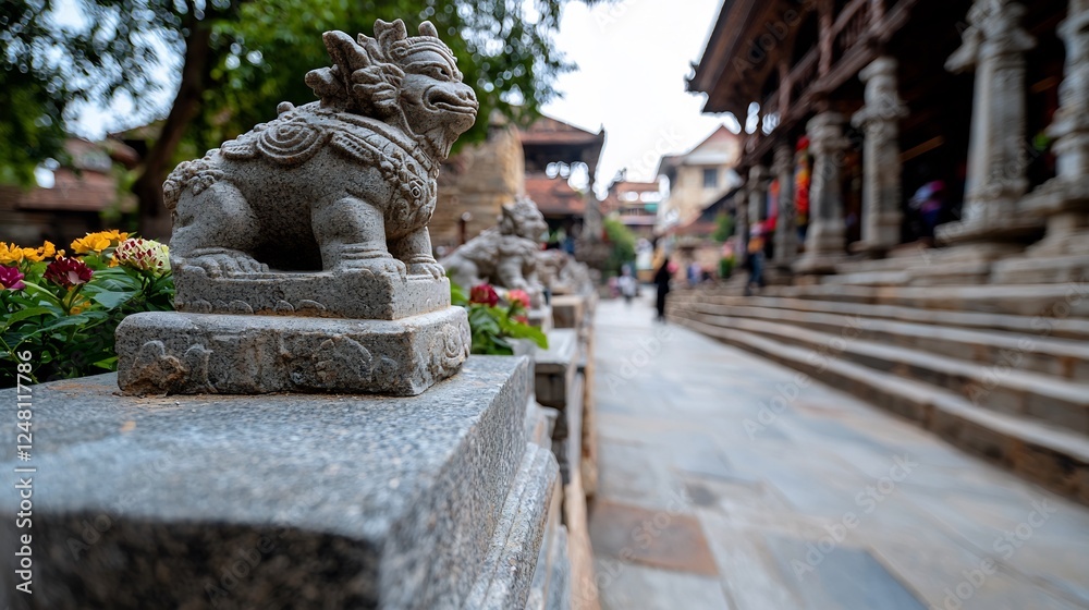 Intricately Carved Lion Sculpture Along Pathway in Ancient Temple Intricately Carved Lion Sculpture Along Pathway in Ancient Temple