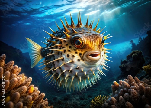 Underwater photography captures the spiny Long-Spine Porcupinefish (Diodon holocanthus), a balloonfish marvel. photo