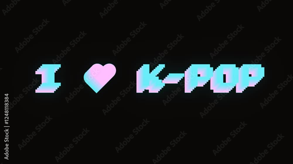 Animated pixel lettering i love k-pop in y2k style with digital pixel scan effect. Alpha channel
