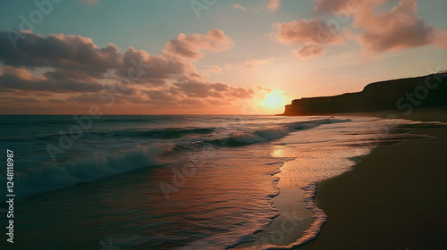 Serene Coastal Sunset: Waves Gently Caress the Shore Under a Dramatic Sky