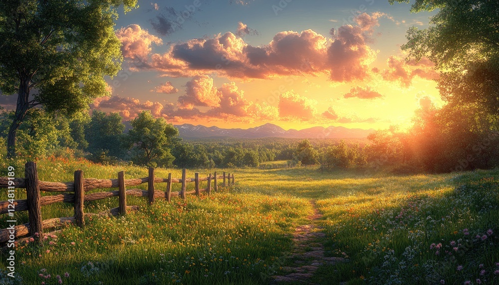 Obraz premium Sunlit meadow path with wooden fence, wildflowers, and mountains at sunset. Ideal for illustrating peace, nature, tranquility, or travel themes.