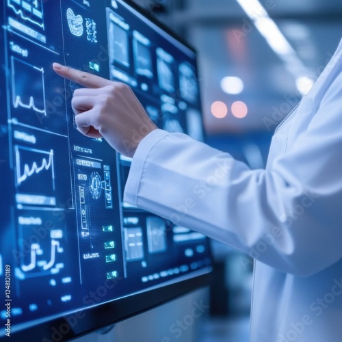 Healthcare Professional Analyzing Medical Data on Touchscreen Display in Modern Laboratory Environment