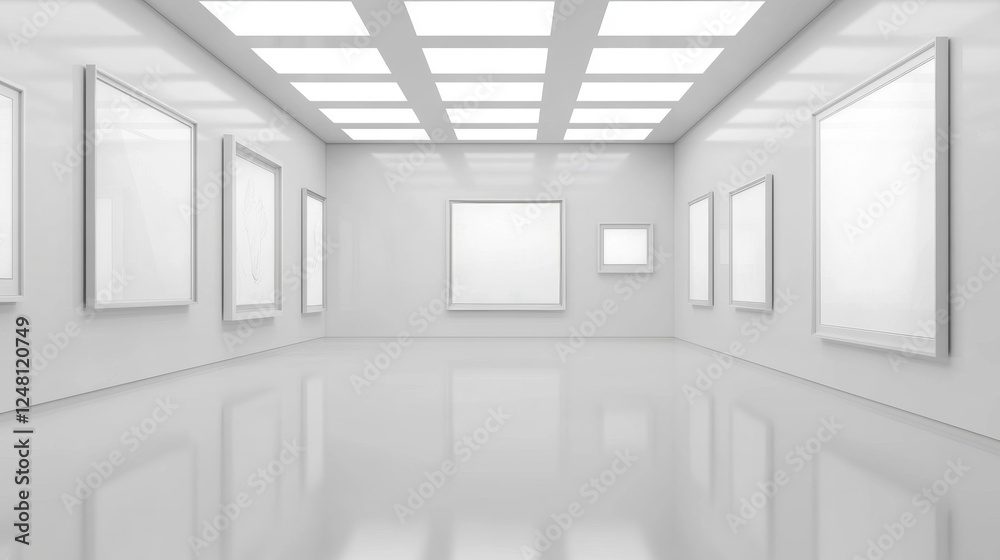 Fototapeta premium White empty art gallery, abstract room background. Museum exhibition hall 3d render. interior with blank frames hanging on walls and pillars, spotlights on ceiling, Realistic vector illustration