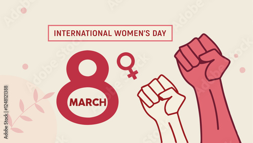 Women's Day card of women hands together. Different Nationalities Of Women Raised Fist. Protest And Female Empowerment Concept