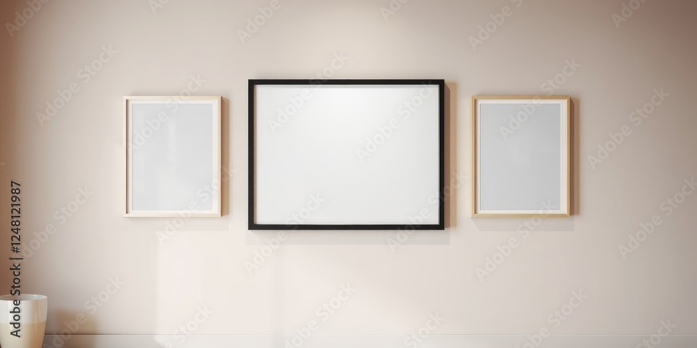 Three empty picture frames on a wall showcasing minimalist interior design Three empty picture frames on a wall showcasing minimalist interior design