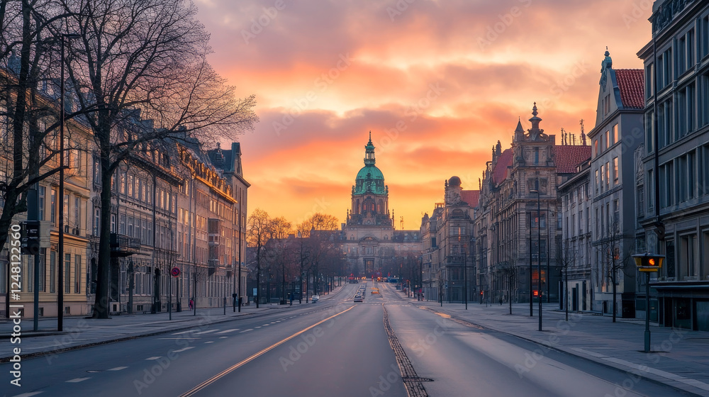 Obraz premium City street with road at early morning, empty sunset driveway, walkway, buildings at pink sunlight perspective view. Urban architecture, megalopolis infrastructure dramatic cartoon vector illustration