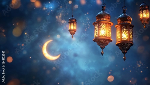 Festive Ramadan lanterns glow, night sky crescent moon background photo