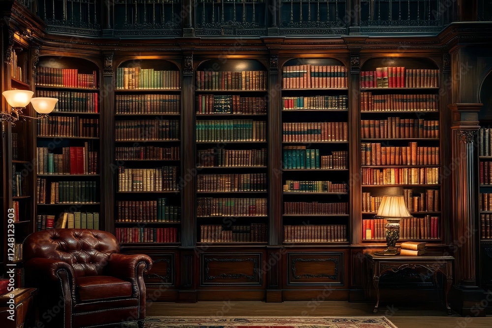 Spacious bookcase adorned with a diverse array of timeless books. Spacious bookcase adorned with a diverse array of timeless books.