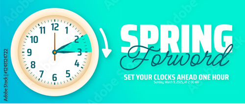 Spring Forward concept 2025 banner with flower and clock design. Daylight Saving Time Starts background with cartoon doodle style with funny clock flower. schedule of changing clocks at march 09, 2025