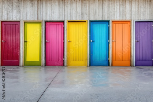 A perspective view of various brightly painted doors lined up, symbolizing the concept of possibilities.