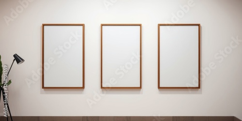 Three blank canvases in minimalist wooden frames adorn a light-colored wall  next to a modern tripod floor lamp with a leafy plant