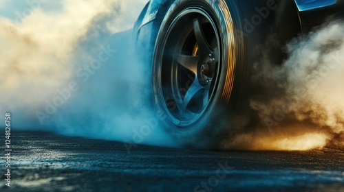 Intense car drifting action creates dynamic smoky tire burnout moment