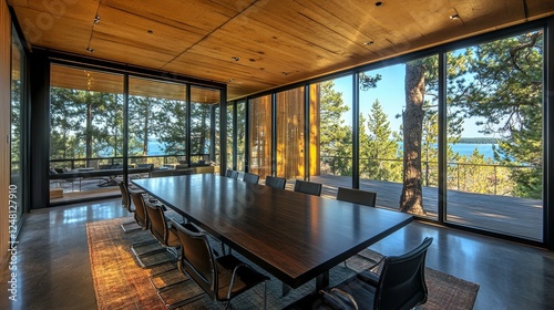Conference room with a dark wooden table  ergonomic chairs  and panoramic views through glass walls