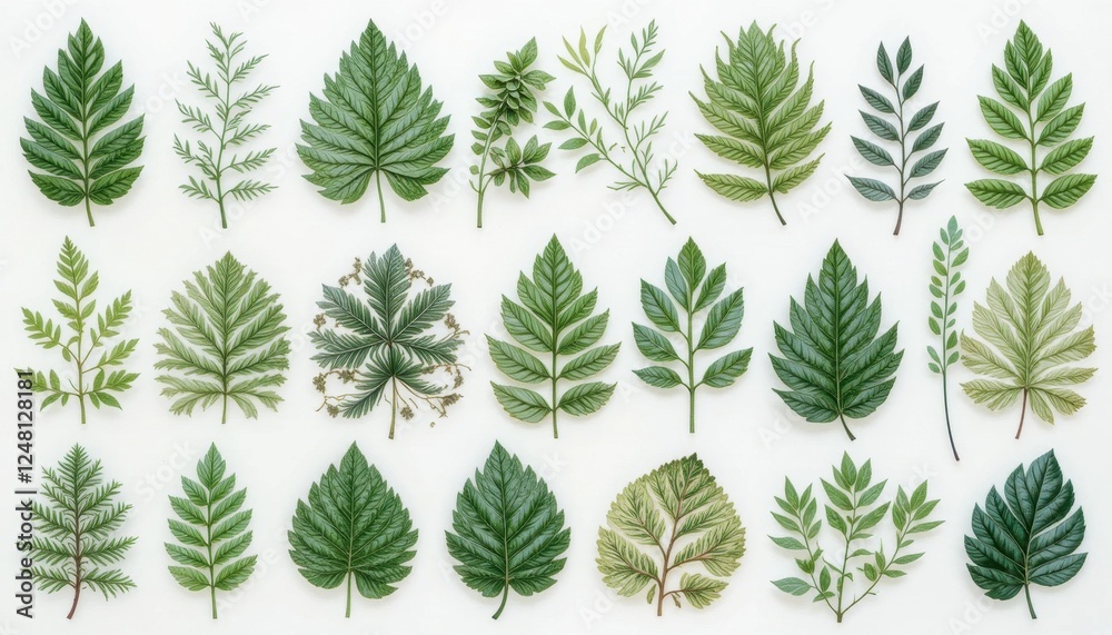 A set of botanical leaf illustrations on a white background A set of botanical leaf illustrations on a white background